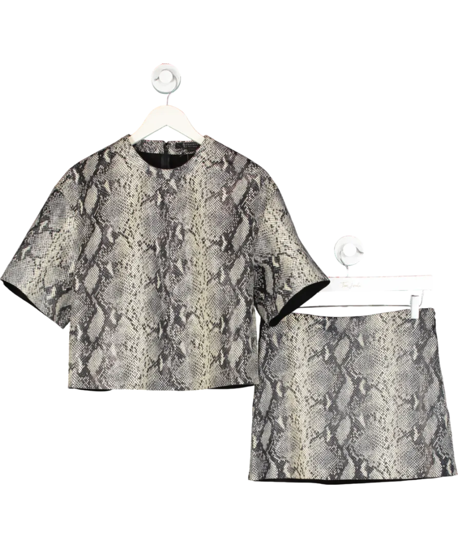 All Saints Black Renai Foil Snake Print Suede T-shirt And Mini Skirt UK 6