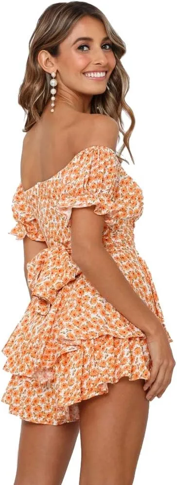 Azuki Women's Rompers Mini Short Sleeve Double Layer Shirred Romper Dress Summer Chiffon Jumpsuits