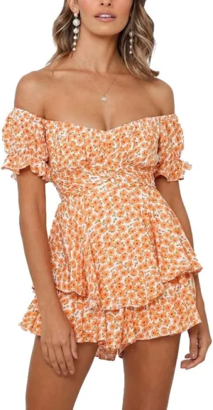 Azuki Women's Rompers Mini Short Sleeve Double Layer Shirred Romper Dress Summer Chiffon Jumpsuits