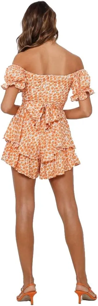 Azuki Women's Rompers Mini Short Sleeve Double Layer Shirred Romper Dress Summer Chiffon Jumpsuits