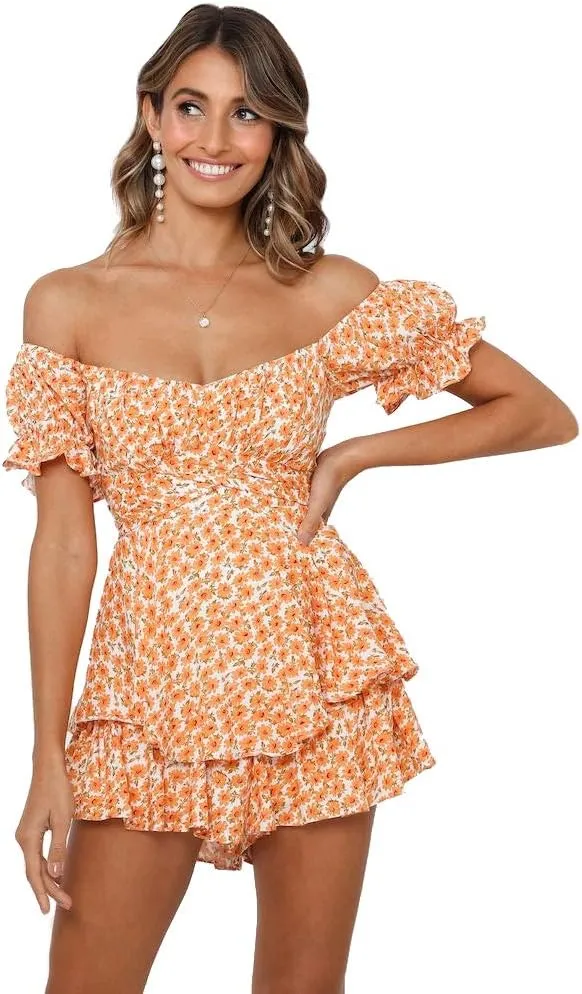 Azuki Women's Rompers Mini Short Sleeve Double Layer Shirred Romper Dress Summer Chiffon Jumpsuits