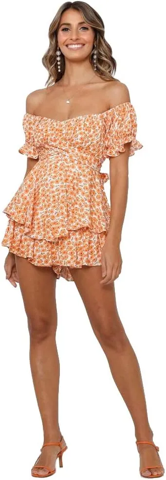 Azuki Women's Rompers Mini Short Sleeve Double Layer Shirred Romper Dress Summer Chiffon Jumpsuits