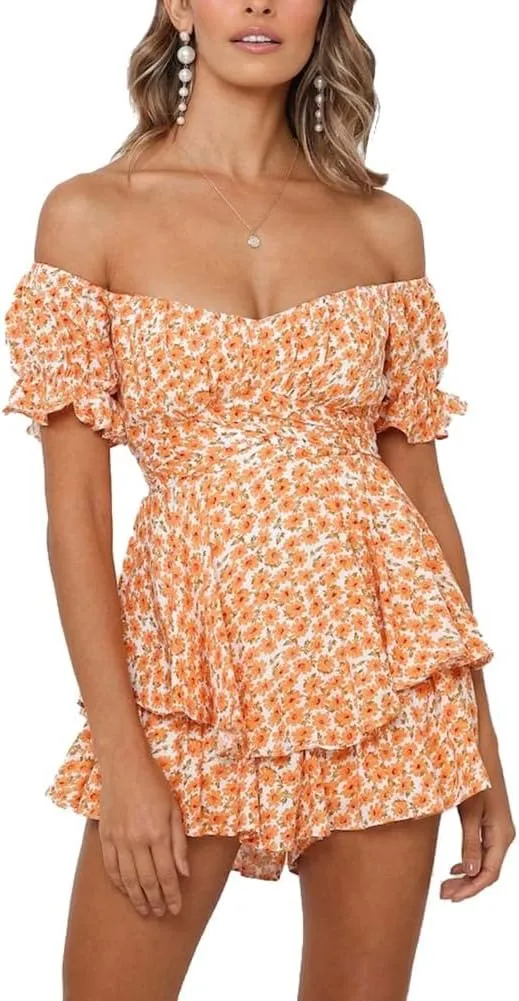Azuki Women's Rompers Mini Short Sleeve Double Layer Shirred Romper Dress Summer Chiffon Jumpsuits