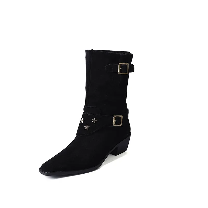 Belted Western Boots Block Heel Suede Leather Short Boots in Black/Brown