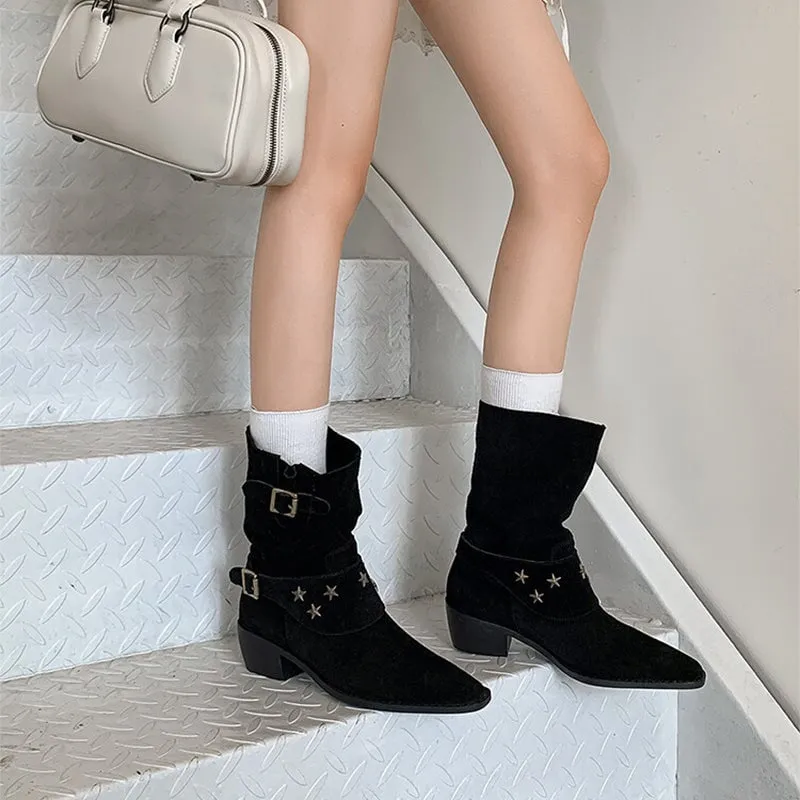 Belted Western Boots Block Heel Suede Leather Short Boots in Black/Brown