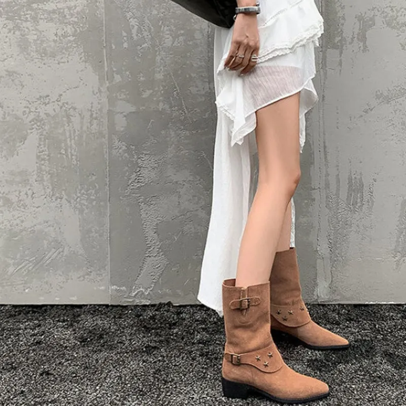 Belted Western Boots Block Heel Suede Leather Short Boots in Black/Brown