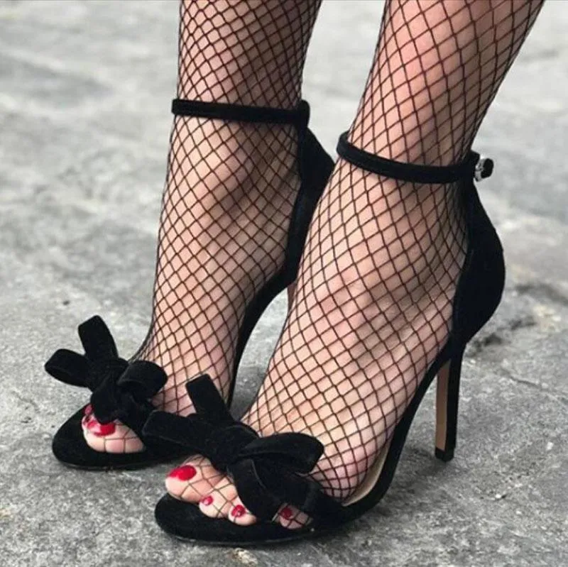 Black Bow Suede High Heels Sandals