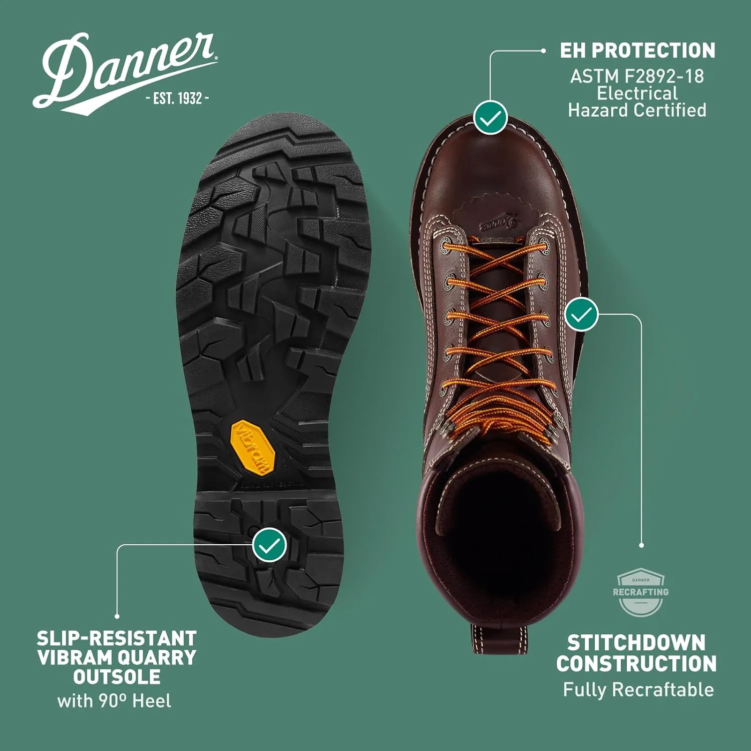 Danner 8 Quarry USA Waterproof Work Boots for Men - Full-Grain Leather with Gore-Tex, 3-Density Cushion Footbed & Traction Heel Outsole, EH Resistant
