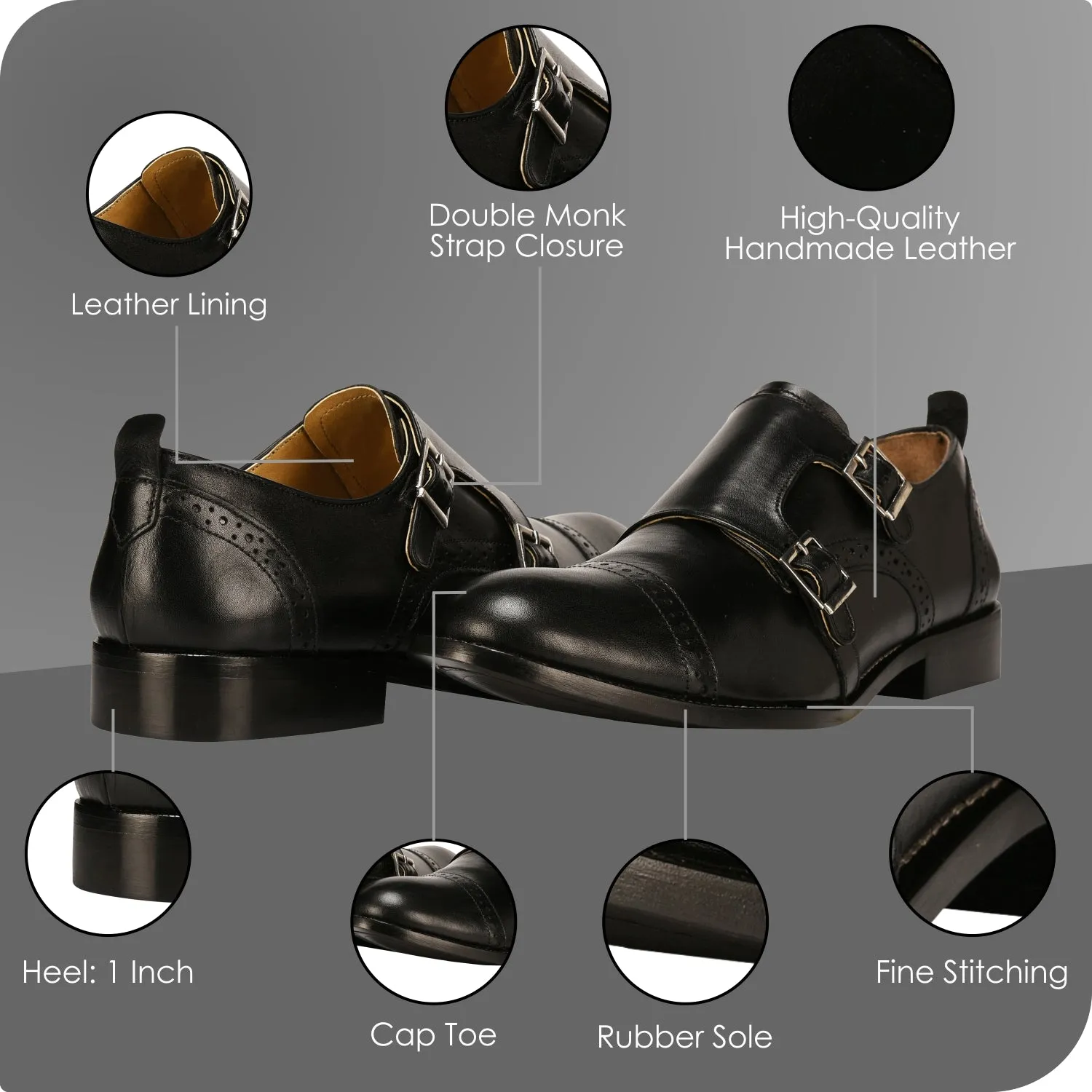 Gosling Leather Oxford Style Double Buckle Monk Straps Shoes For Men