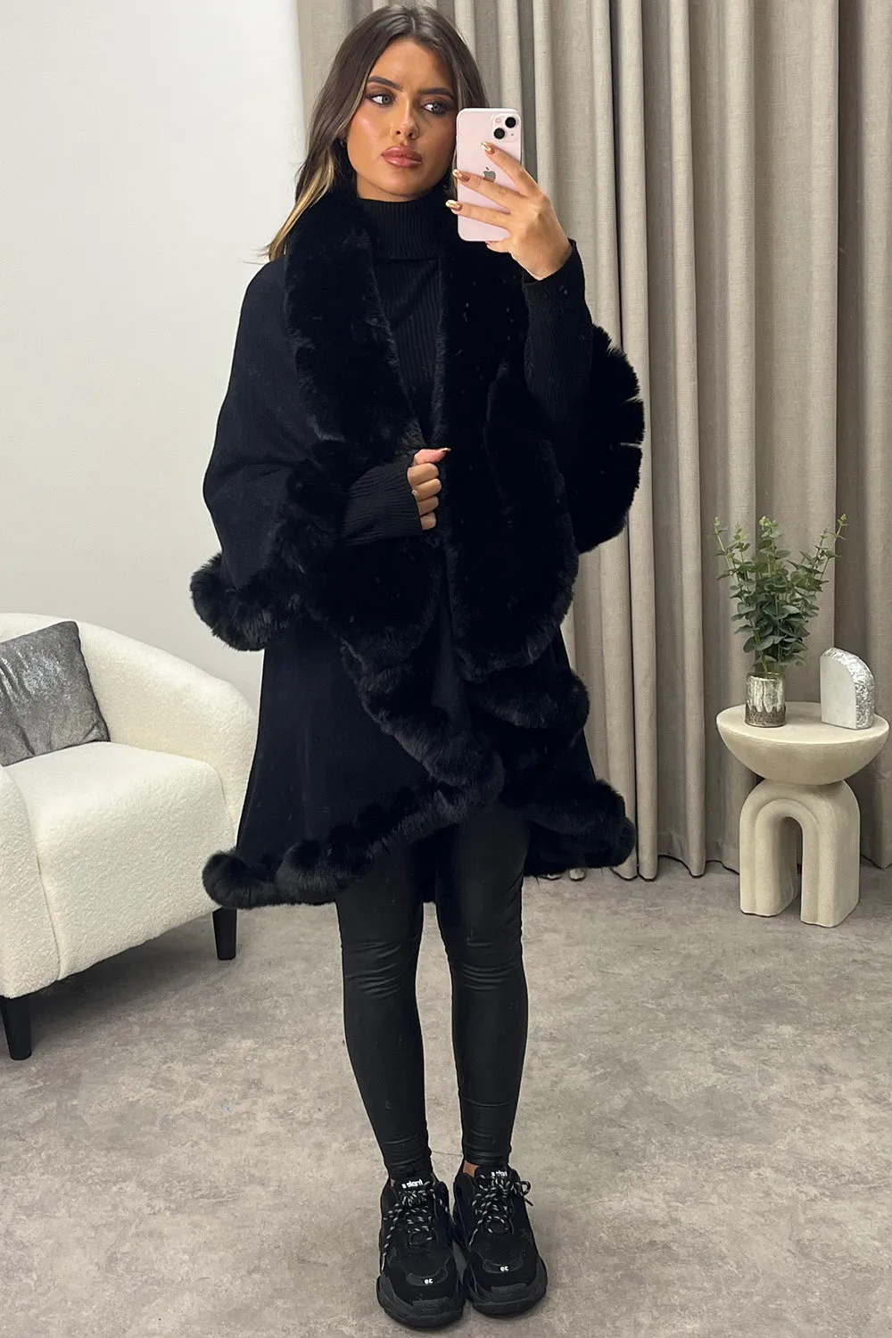 Khleo Black Faux Fur Double Layer Cape