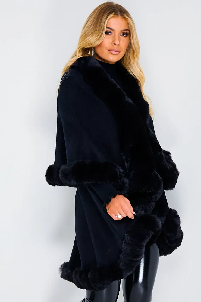 Khleo Black Faux Fur Double Layer Cape