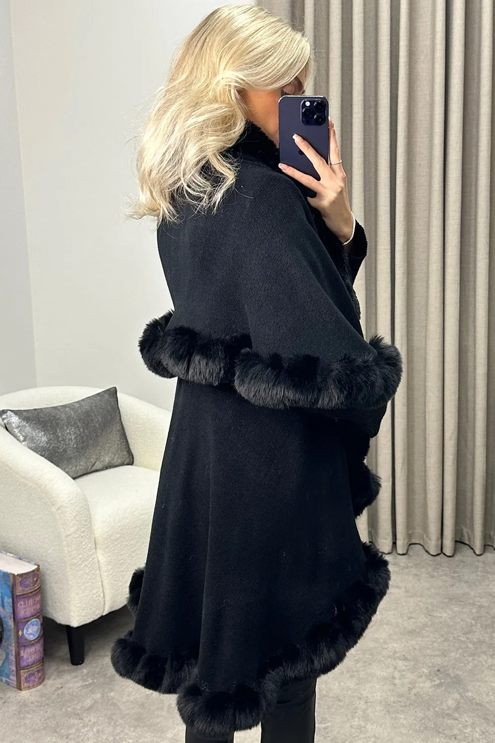Khleo Black Faux Fur Double Layer Cape