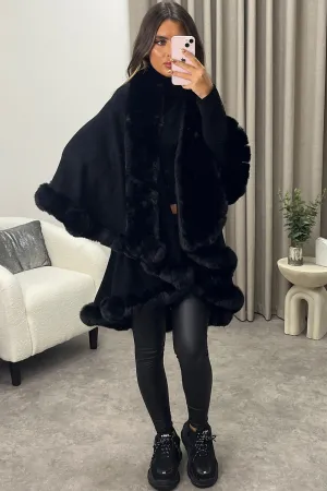 Khleo Black Faux Fur Double Layer Cape