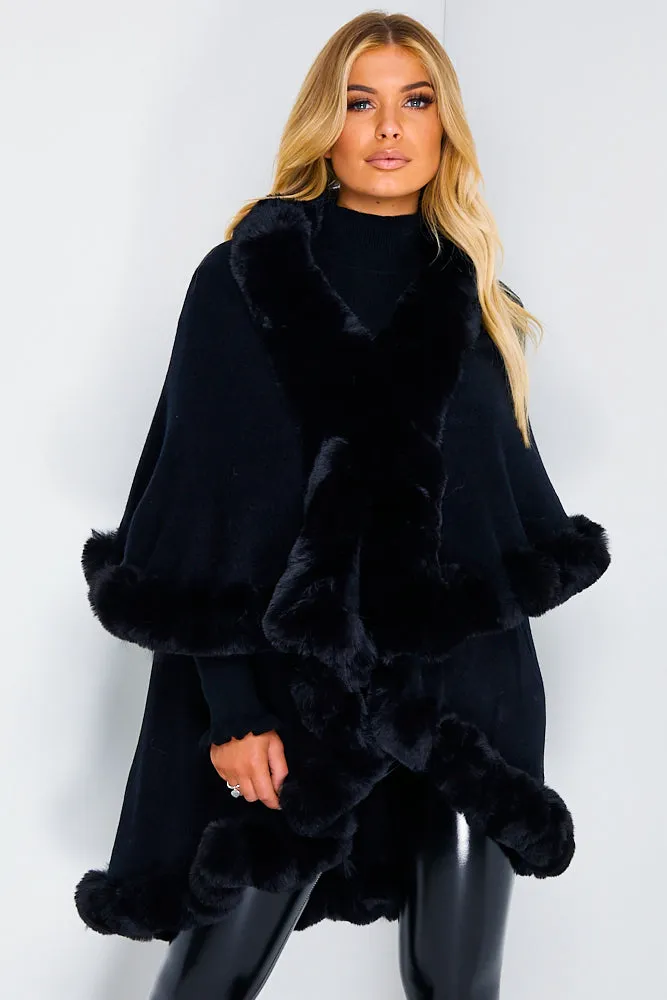 Khleo Black Faux Fur Double Layer Cape