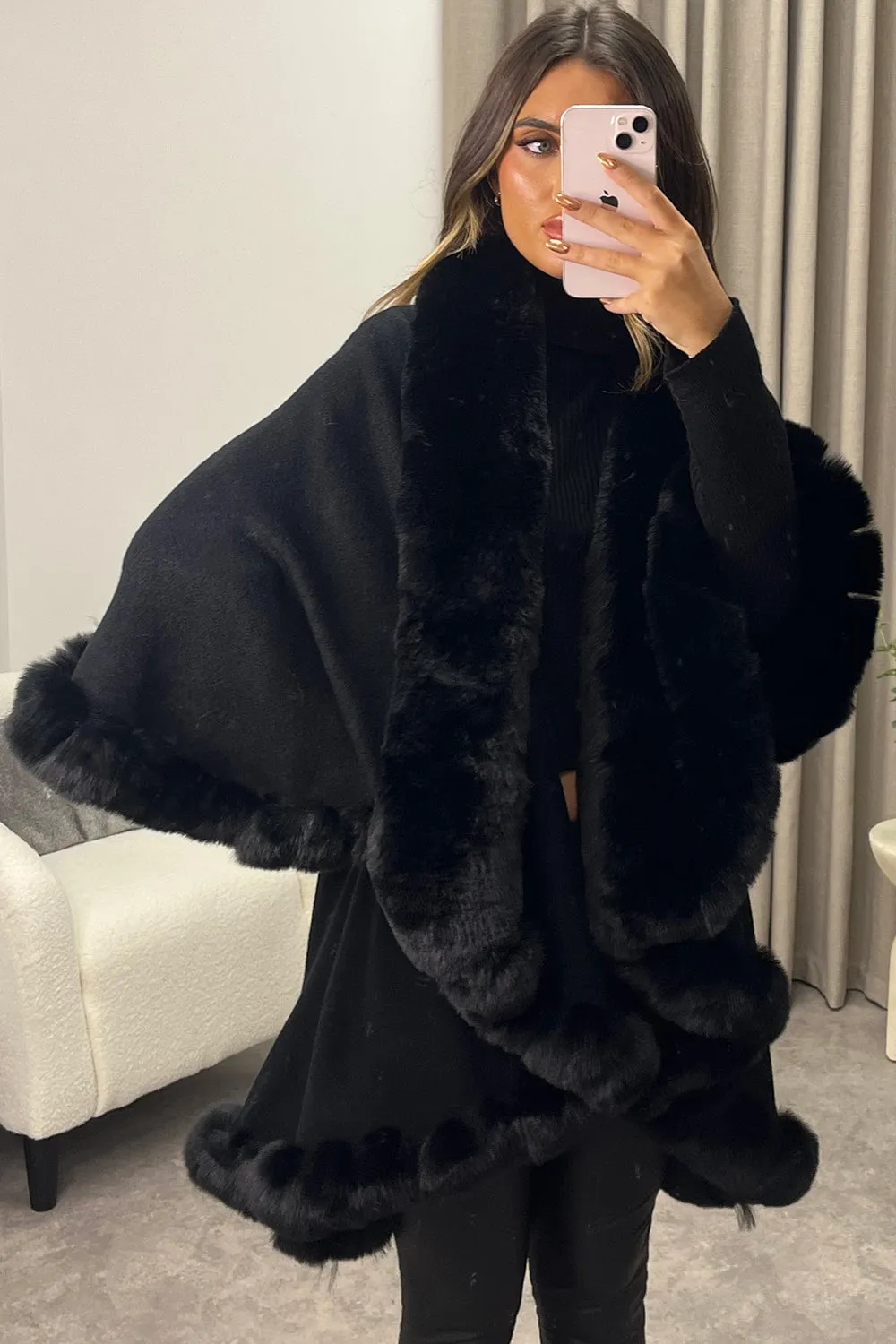 Khleo Black Faux Fur Double Layer Cape