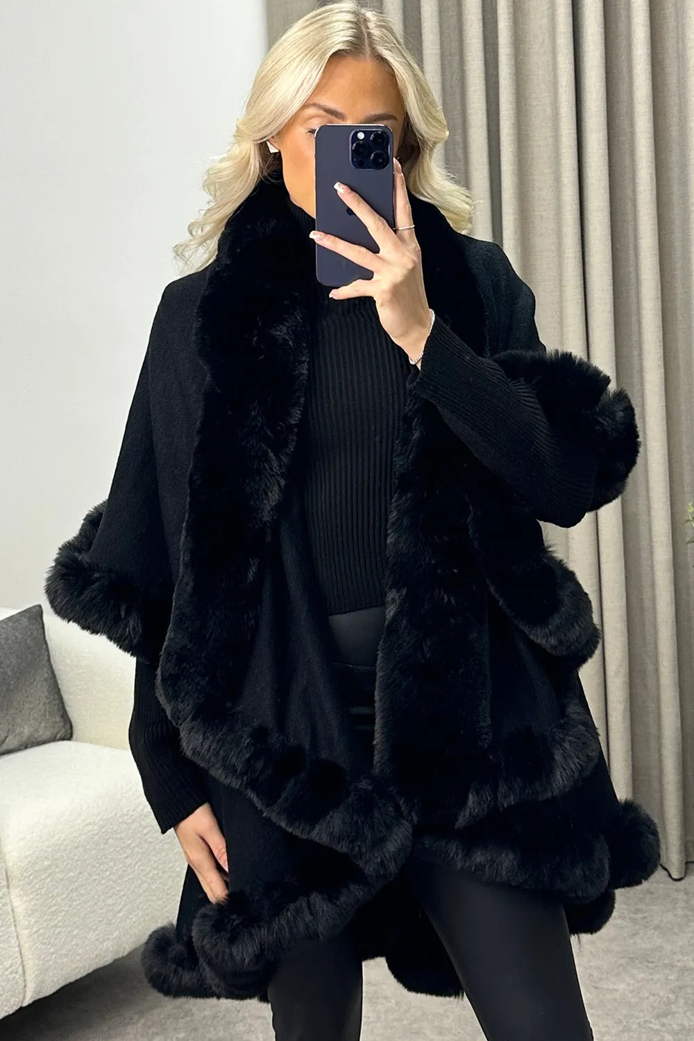 Khleo Black Faux Fur Double Layer Cape