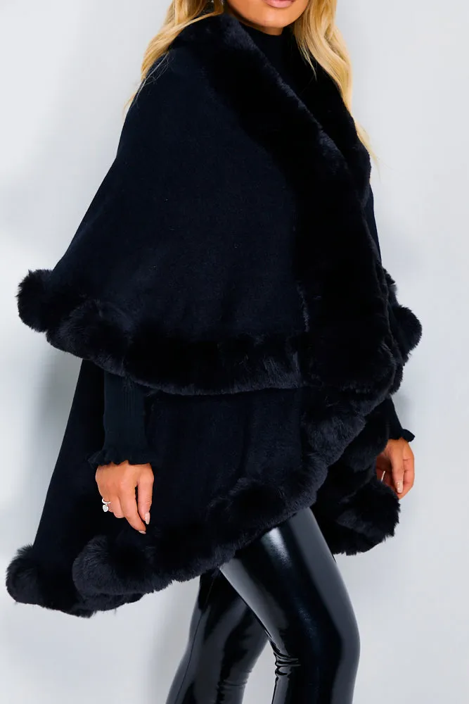 Khleo Black Faux Fur Double Layer Cape