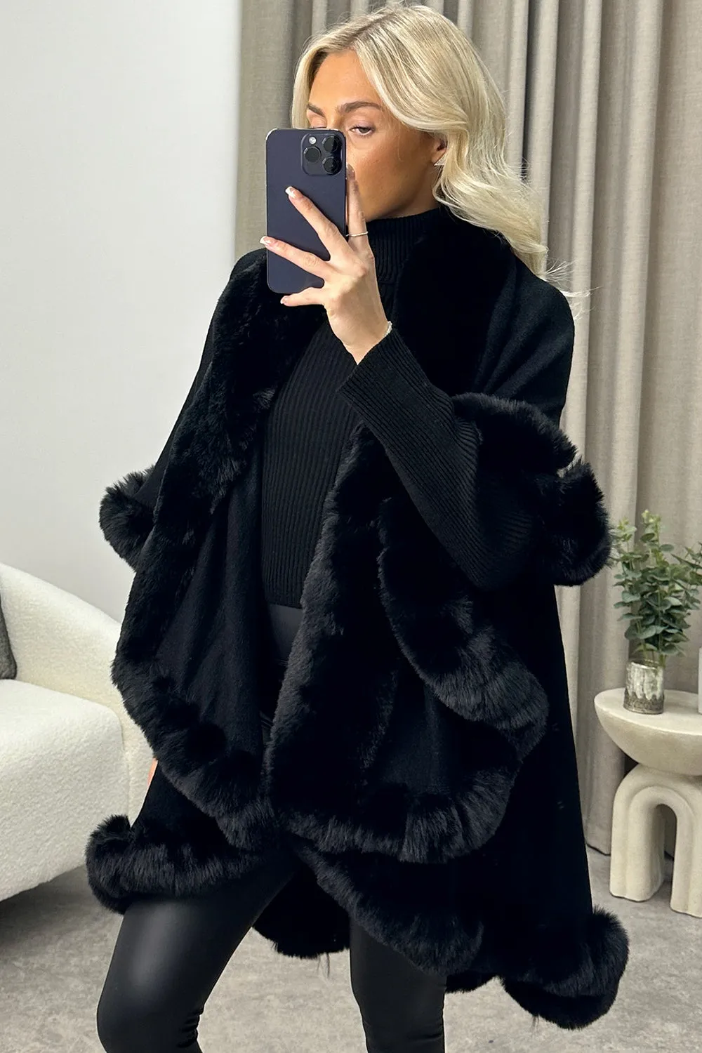 Khleo Black Faux Fur Double Layer Cape