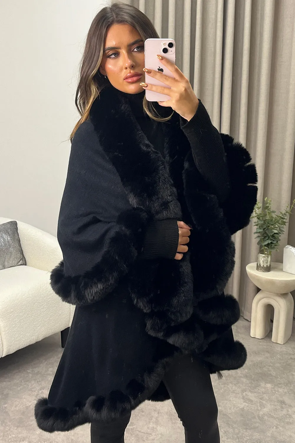 Khleo Black Faux Fur Double Layer Cape