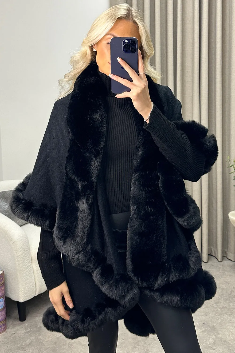 Khleo Black Faux Fur Double Layer Cape
