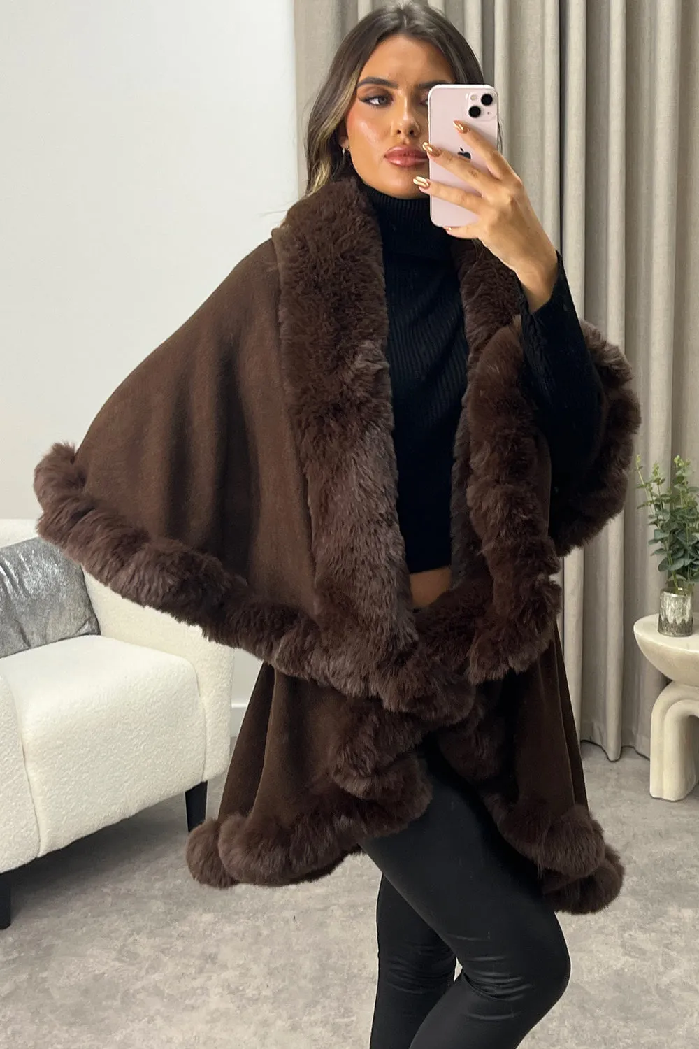 Khleo Brown Faux Fur Double Layer Cape