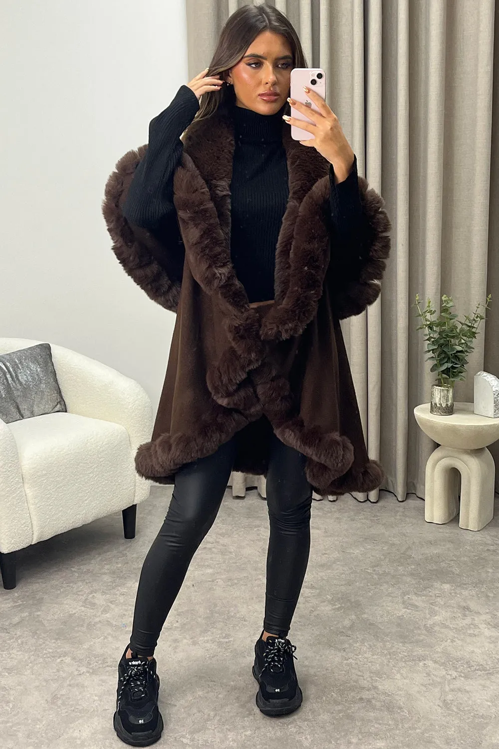 Khleo Brown Faux Fur Double Layer Cape