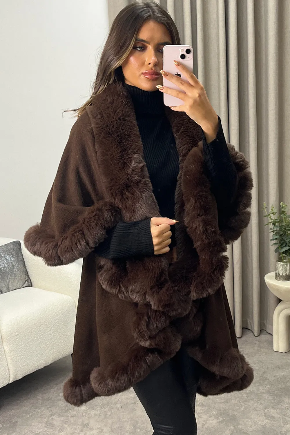 Khleo Brown Faux Fur Double Layer Cape