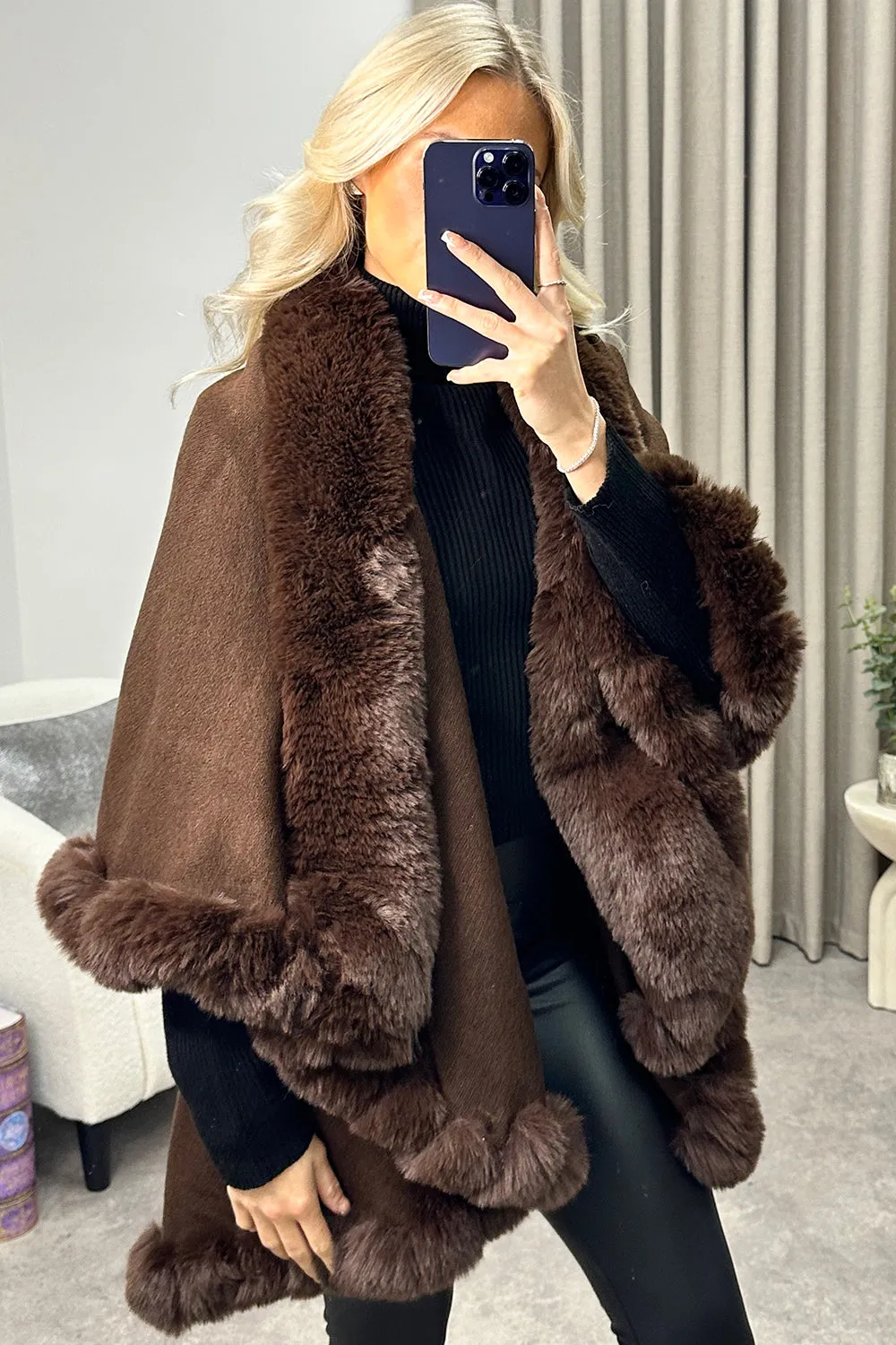 Khleo Brown Faux Fur Double Layer Cape