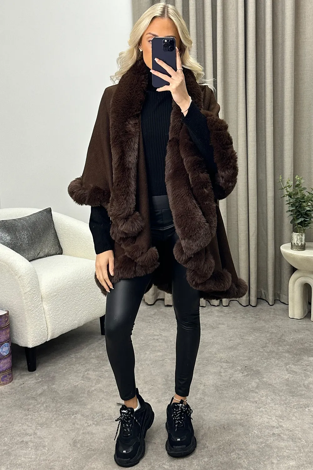 Khleo Brown Faux Fur Double Layer Cape
