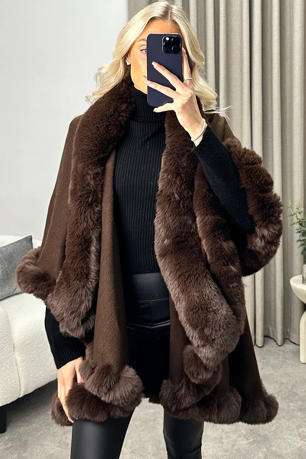 Khleo Brown Faux Fur Double Layer Cape