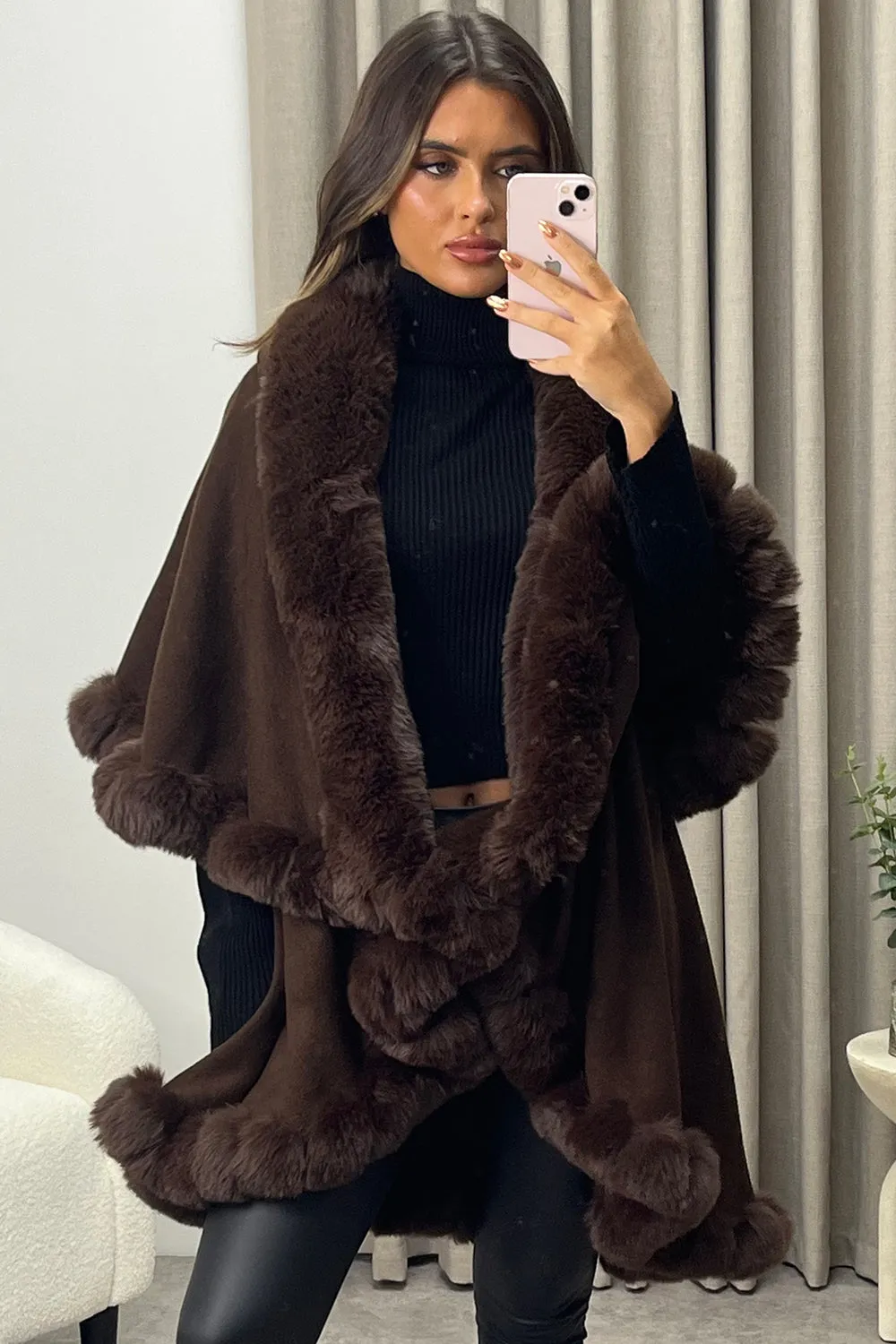 Khleo Brown Faux Fur Double Layer Cape