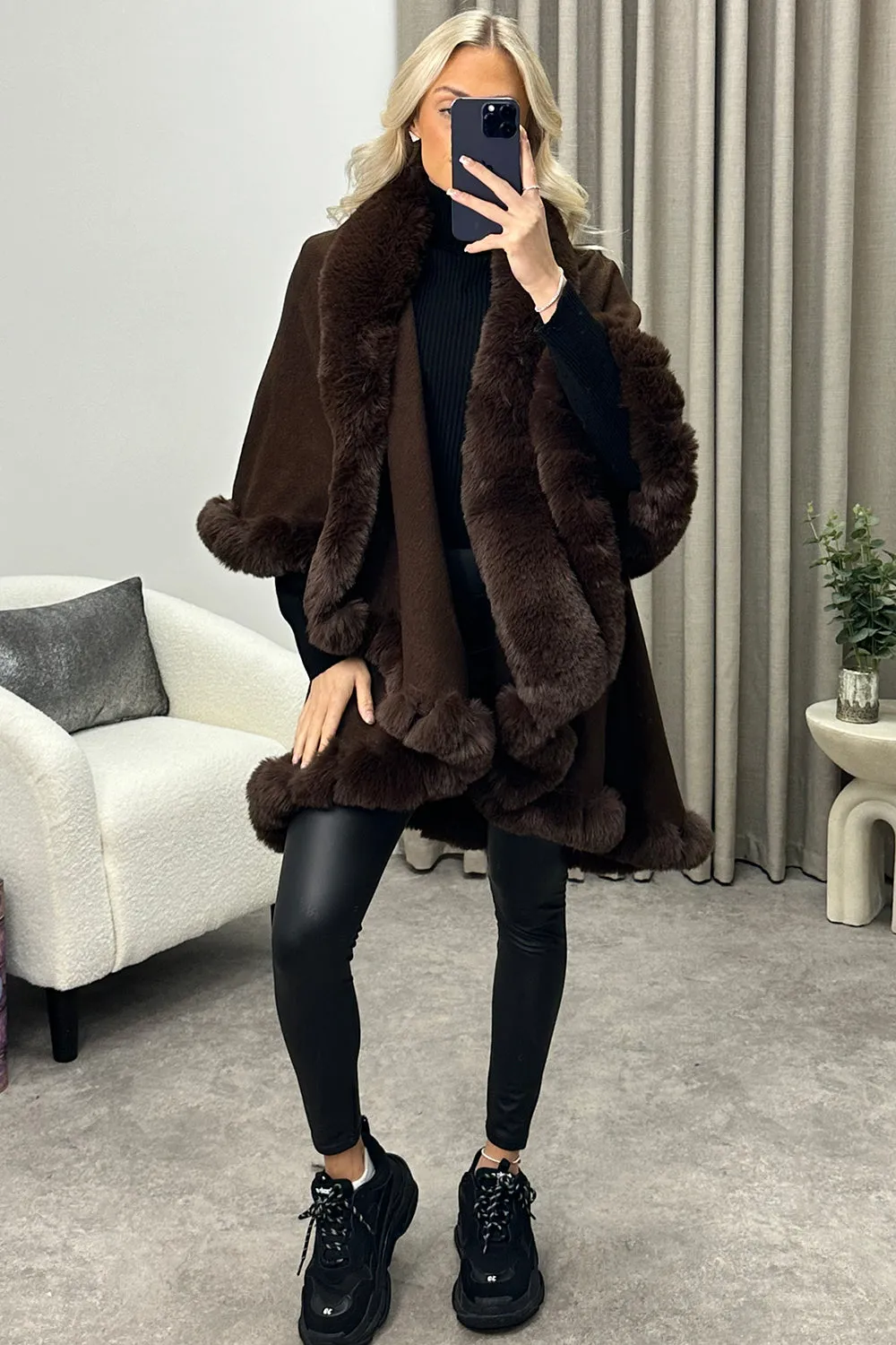 Khleo Brown Faux Fur Double Layer Cape