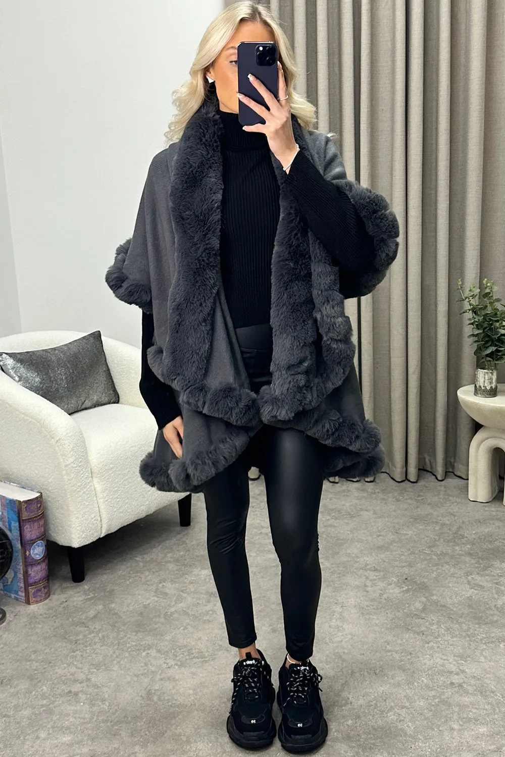Khleo Grey Faux Fur Double Layer Cape