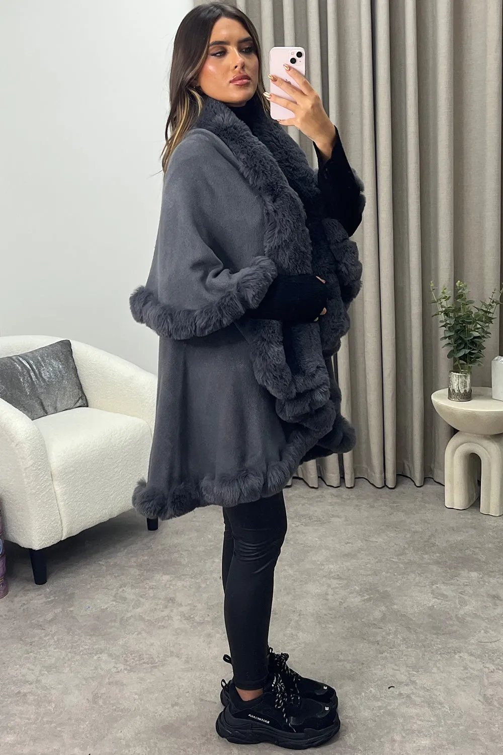 Khleo Grey Faux Fur Double Layer Cape