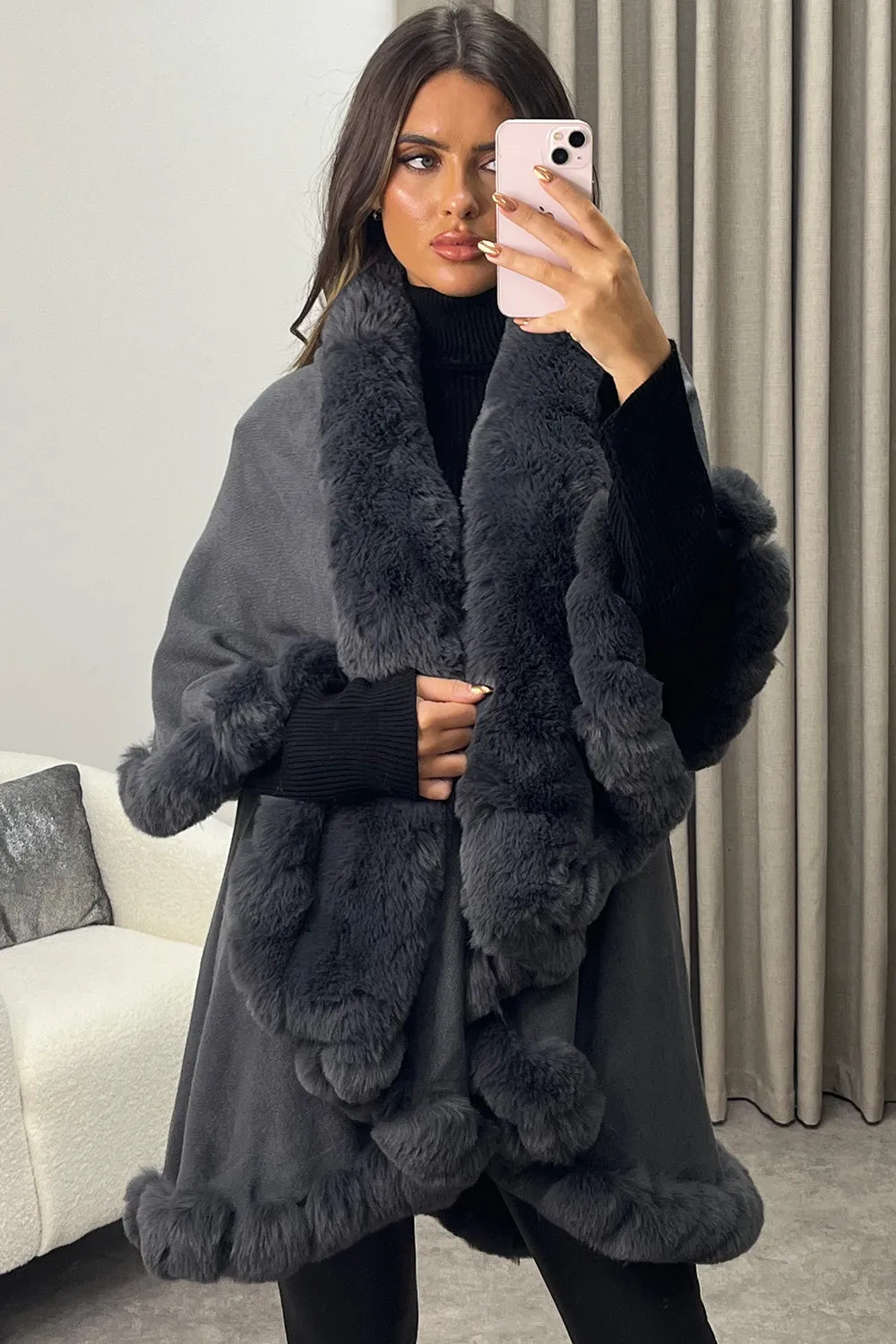 Khleo Grey Faux Fur Double Layer Cape