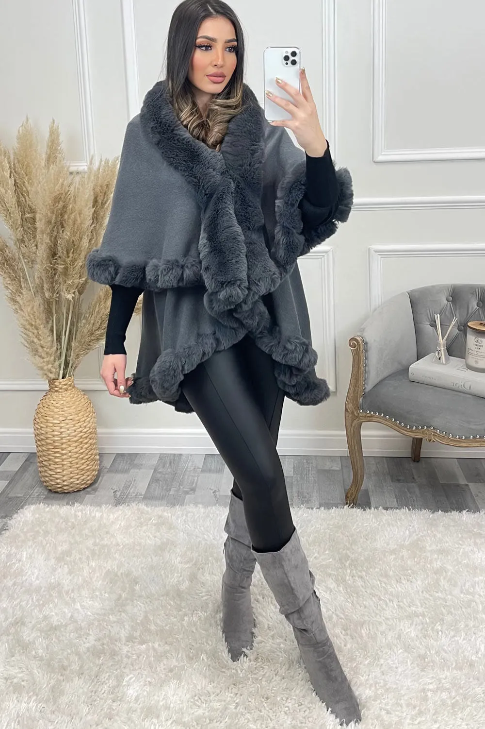 Khleo Grey Faux Fur Double Layer Cape