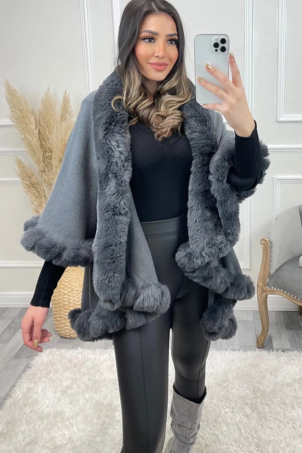 Khleo Grey Faux Fur Double Layer Cape