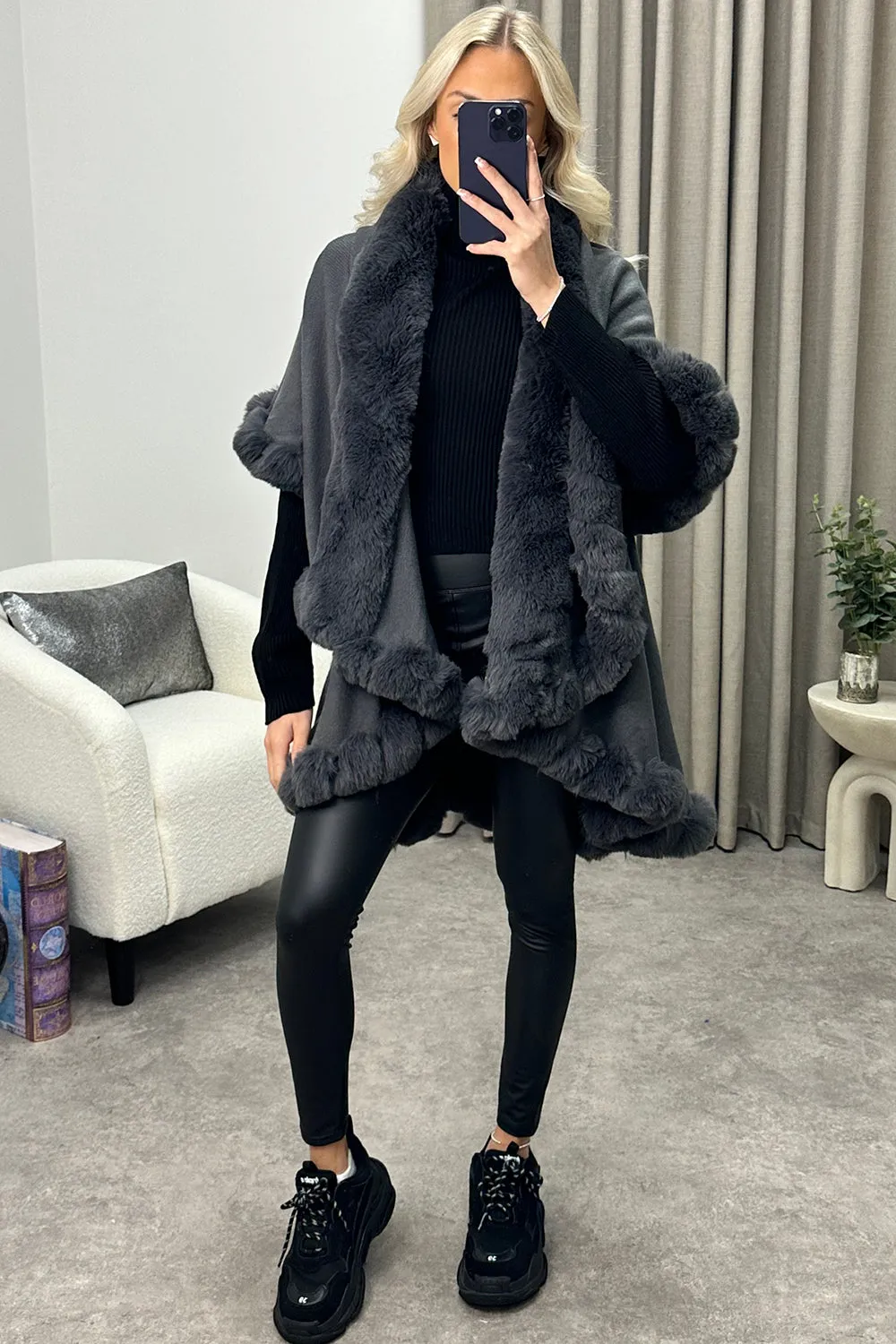 Khleo Grey Faux Fur Double Layer Cape