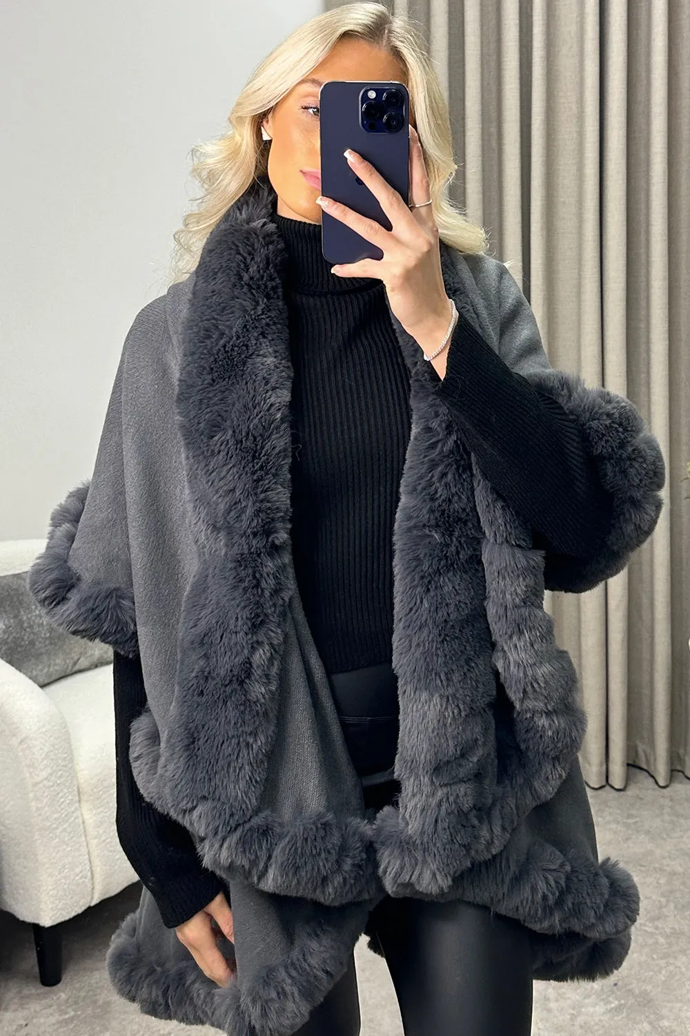 Khleo Grey Faux Fur Double Layer Cape