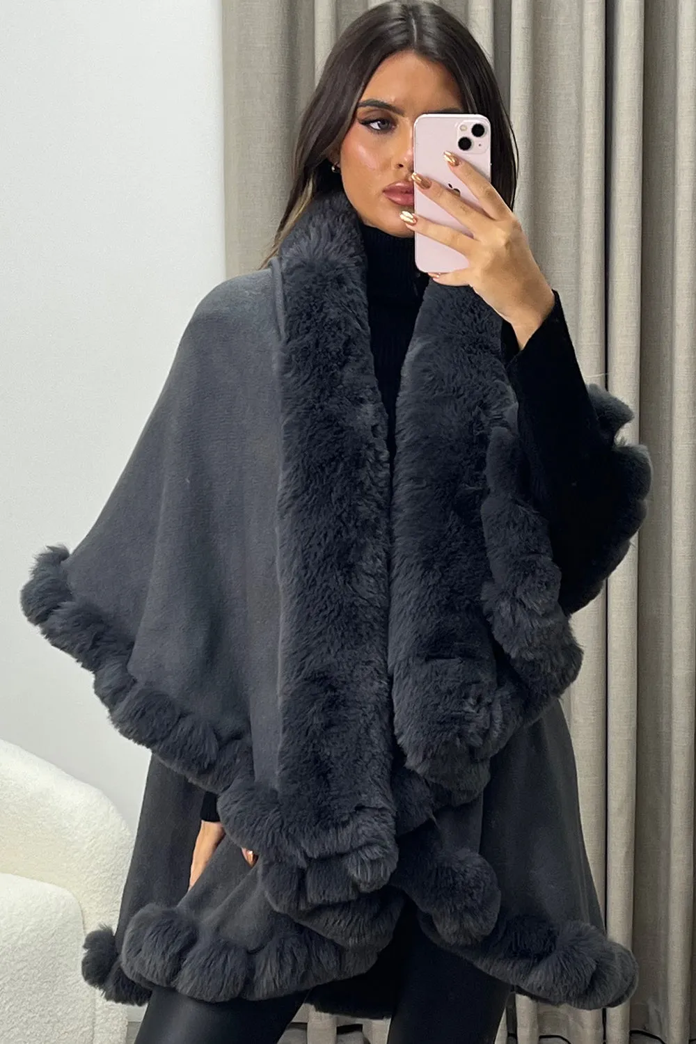 Khleo Grey Faux Fur Double Layer Cape