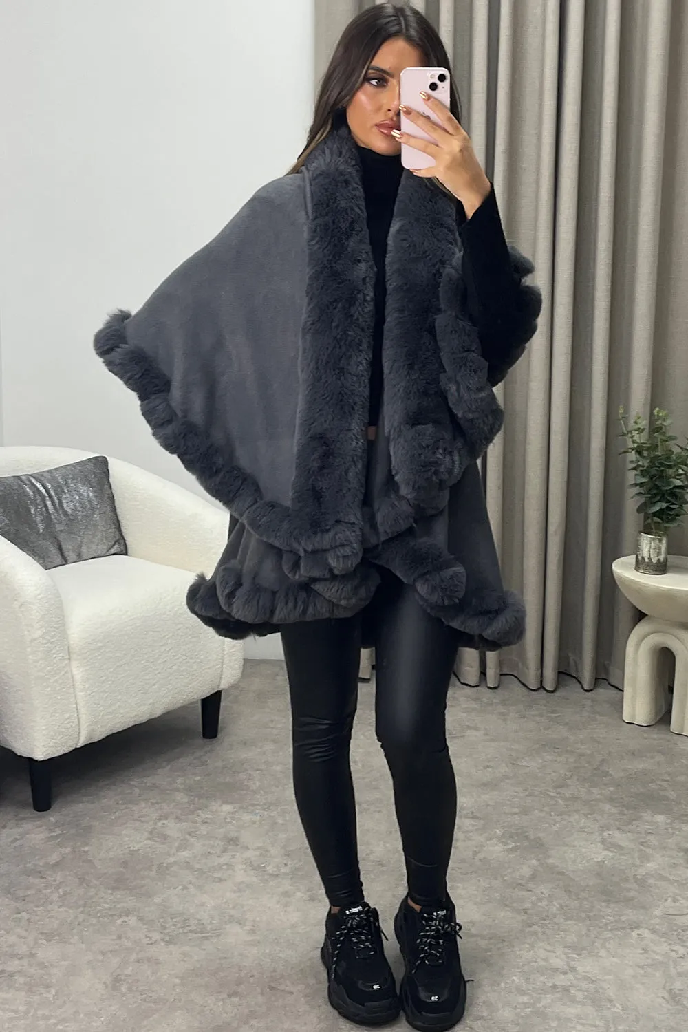 Khleo Grey Faux Fur Double Layer Cape