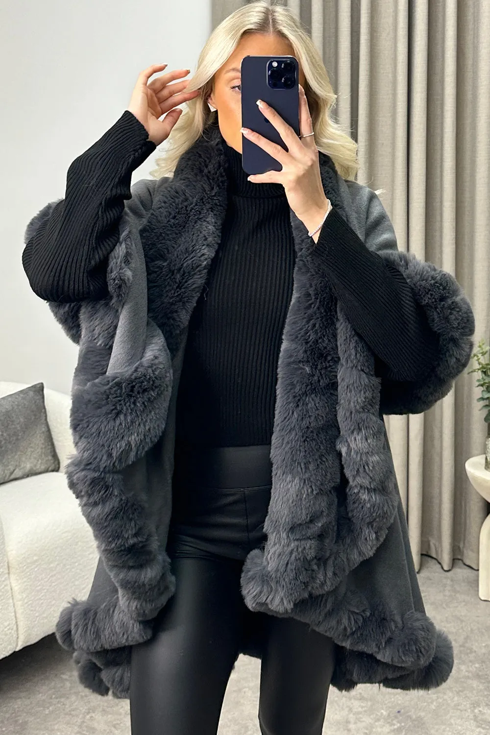 Khleo Grey Faux Fur Double Layer Cape