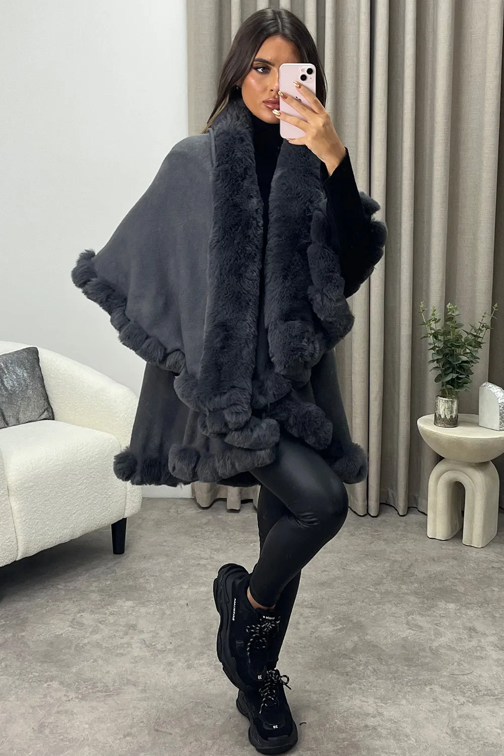 Khleo Grey Faux Fur Double Layer Cape