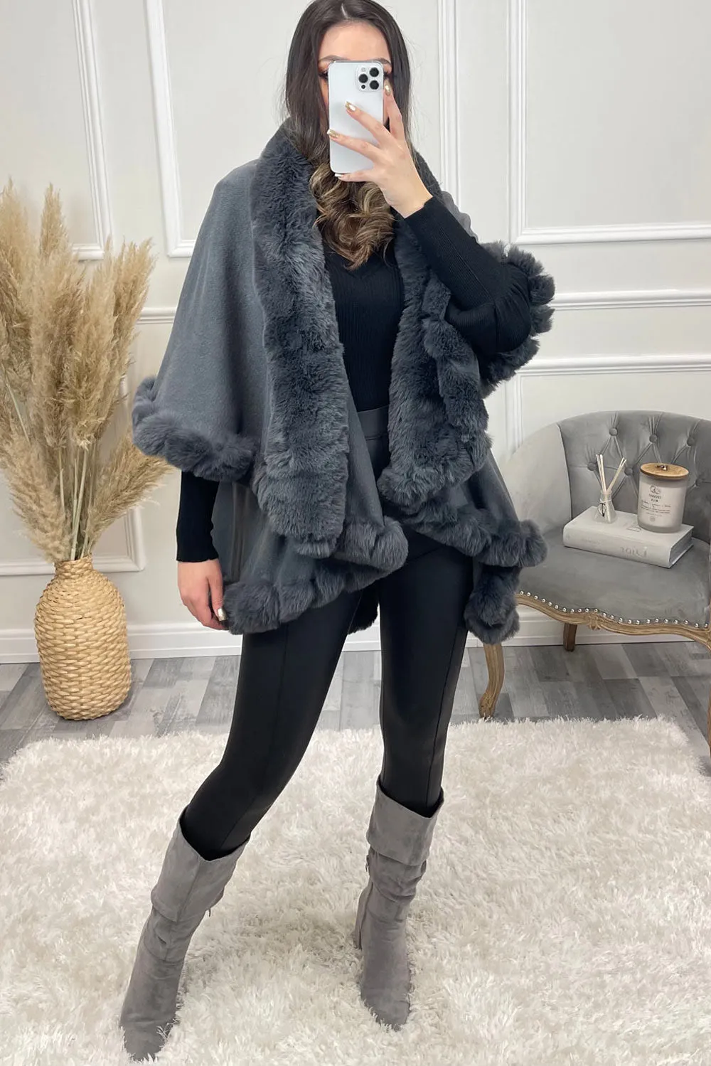 Khleo Grey Faux Fur Double Layer Cape